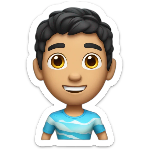 emote with pixar style 3d illustration of a man with tanned skin, black hair, fade haircut and brown eyes who is surfing sticker