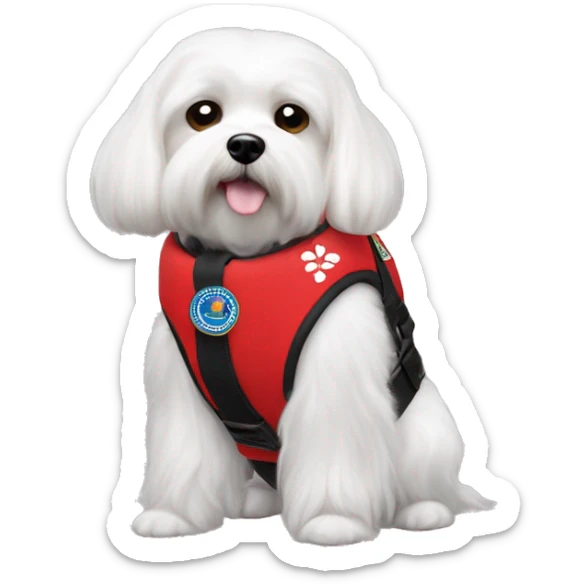 Maltese service dog wearing a red service dog vest with to bleck straps one in the front one around the belly  sticker
