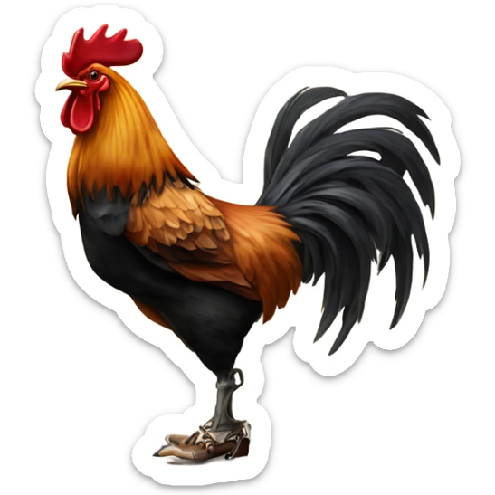 A rooster with cowboys boots on smoking a cigarette carrying a bottle of whiskey sticker