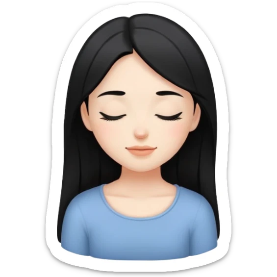 white girl with black hair, eyes closed, gentle smile, calm and serene sticker