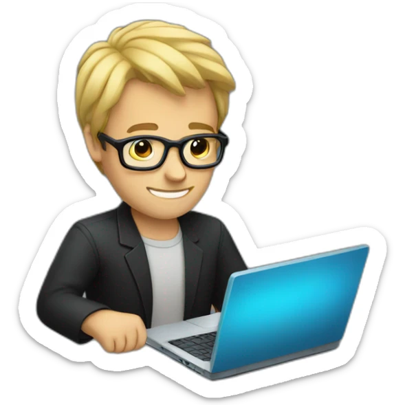 a man with blond hair with black glasses with a laptop in his hands sticker