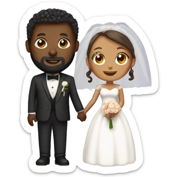 Black bald man with a beard and his wife with long, brown, curly hair on their wedding day sticker
