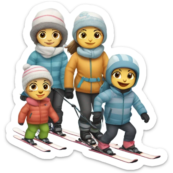 Baby skiing with its family of four, and a grey striped cat sticker