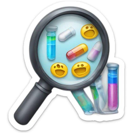 i want an emoji representing a printer with a magnifying glass covering it showing medication drugs sticker