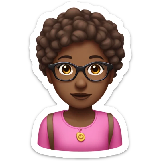 Dark skin girl, with short brown curly hair, pink headband and glasses sticker