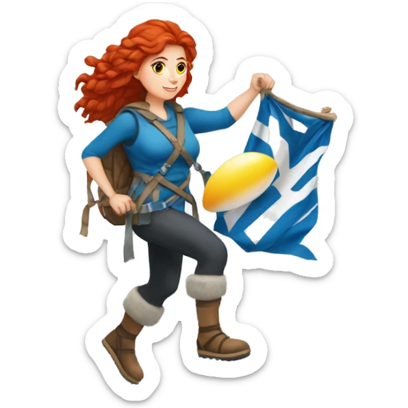 Greek Female winter mountaineer red hair white skin climbing with Greek Flag and Easter eggs basket sticker