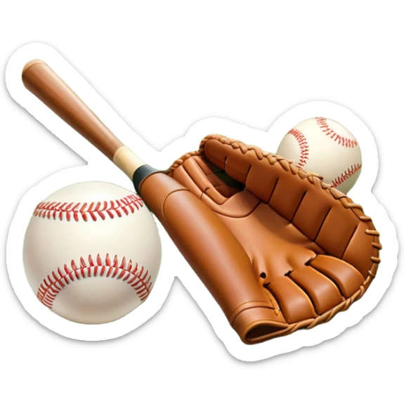 A baseball bat, ball, and glove placed on the grass of a baseball field, with the diamond and base lines clearly visible in the background. The scene captures the essence of the sport, with the equipment ready for action on the neatly marked field. sticker