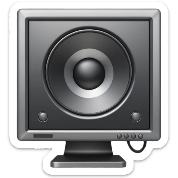 Minimal emoji icon of a modern metallic studio monitor, front view, detailed geometry, dark metallic body, subtle highlights, isolated sticker