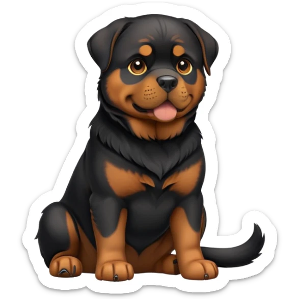cinematic-[rottweiler]-realistic-full-body-sitting-emoji,-tail-resting-loosely-beside-its-paws,-head-tilted-dramatically, -sleek-[Black and brown]-fur,-simplified-yet-realistic-focused-features,-highly-detailed,-glowing-with-an-almost-sarcastic-glow sticker