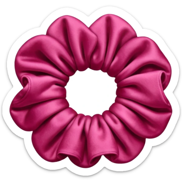 emoji of an isolated velvet scrunchie in a rich pink-red color, plush soft texture with deep velvety shading, gathered fabric folds, fashion accessory, no person, no hair, not worn, smooth warm lighting, clean rounded shape sticker