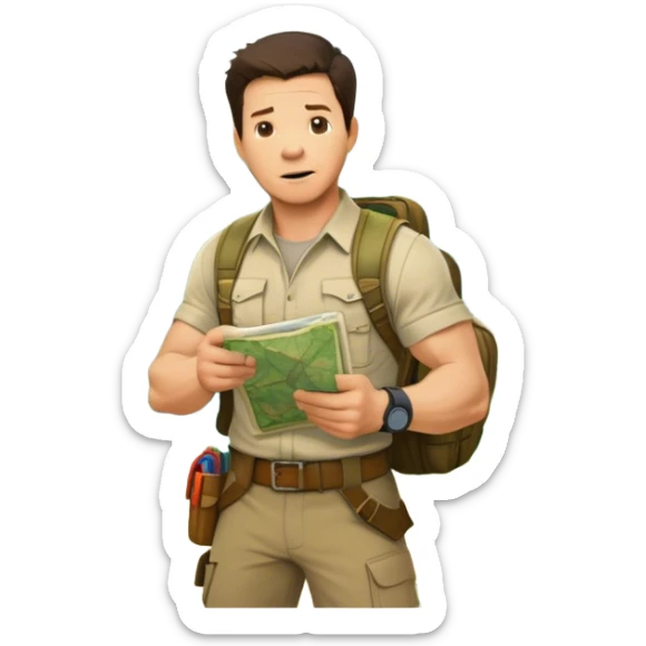 Icon for Adventure Movie: Mark Wahlberg in a jungle setting, holding a treasure map and surrounded by adventure gear. Behind him, ancient ruins rise through the dense foliage. Exciting, action-packed atmosphere with vivid jungle details. Transparent background. sticker