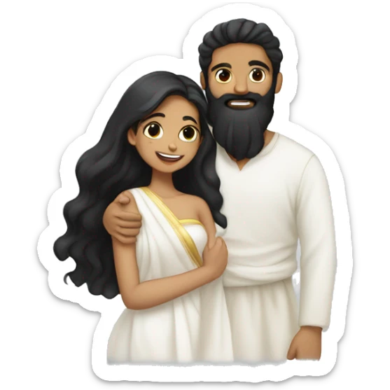 Light skin;Black long hair girl  in a white saree hugging with a man with black beard and hair on top sticker