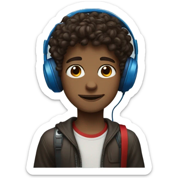 a young boy with headphones red and blue an dark brown curly hair and brown eyes and an small hoop eaing sticker