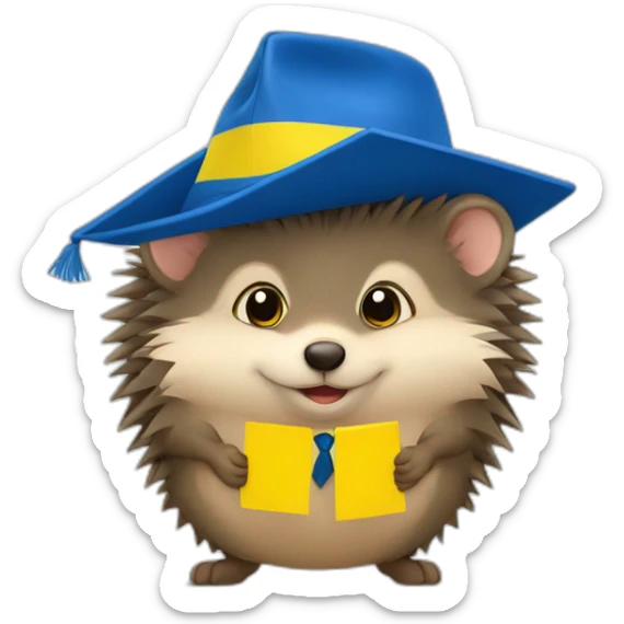 A hedgehog student in a suit in the color of the Ukrainian flag in a square academic cap sticker