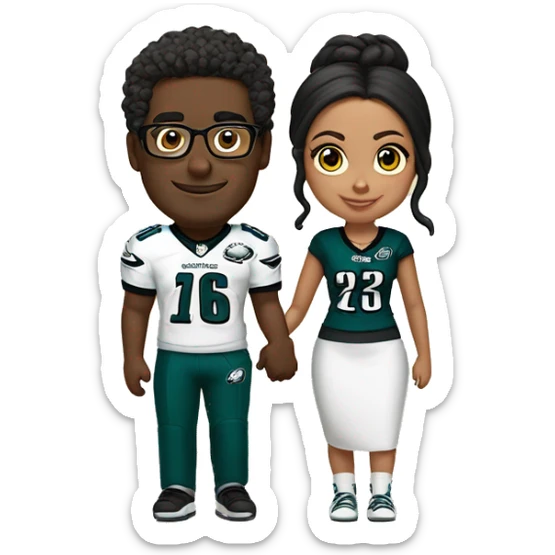 Brown guy and brown girl with glasses and hair in a bun in Philadelphia eagles clothes holding hands sticker