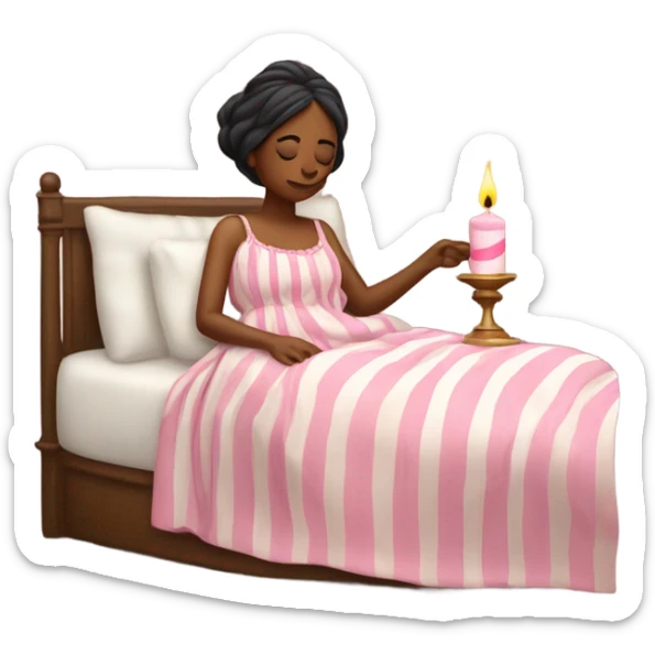 Sleepy emoji woman in pink stripped nightgown wearing a hat and holding a 1800’s candle  sticker