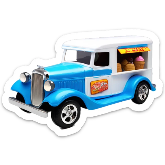 Hot wheels style, ice cream truck from 1934 with wide chrome mag wheels, blue, no ice cream on top of truck, open selling window.  sticker