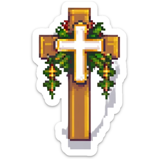 Add a golden cross to the holy grail, keep the pixel art style and shining effect, no background. sticker