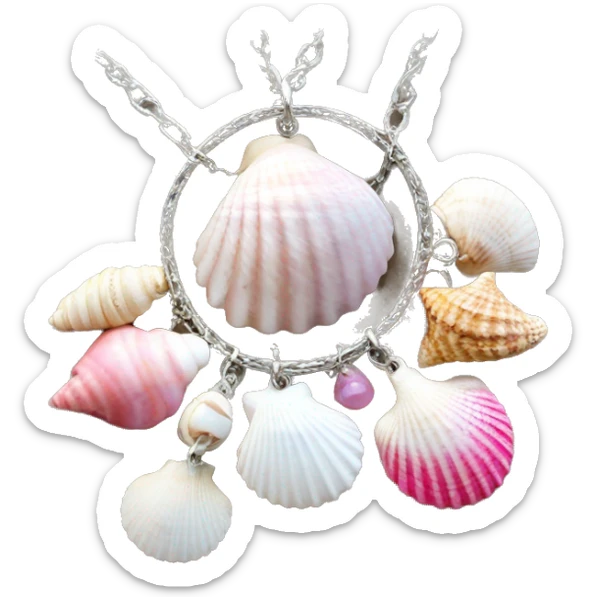 Pink seashells and white seashells on a charm necklace sticker