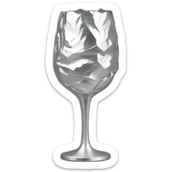 A 3D layer of A reflective, crinkled and wrinkled aluminum foil covering a wine glass shape, like a stemmed wine glass sticker