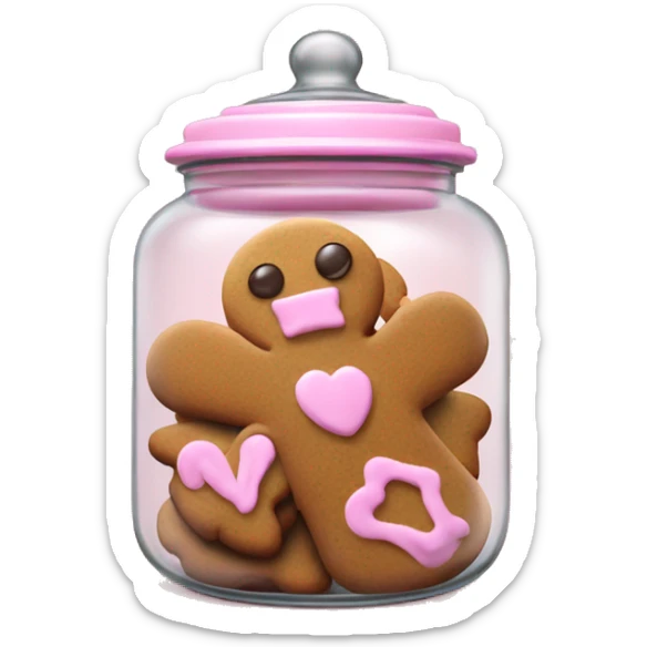 Realistic glass cookie jar with light pink lid full of gingerbread cookies isolated.  sticker