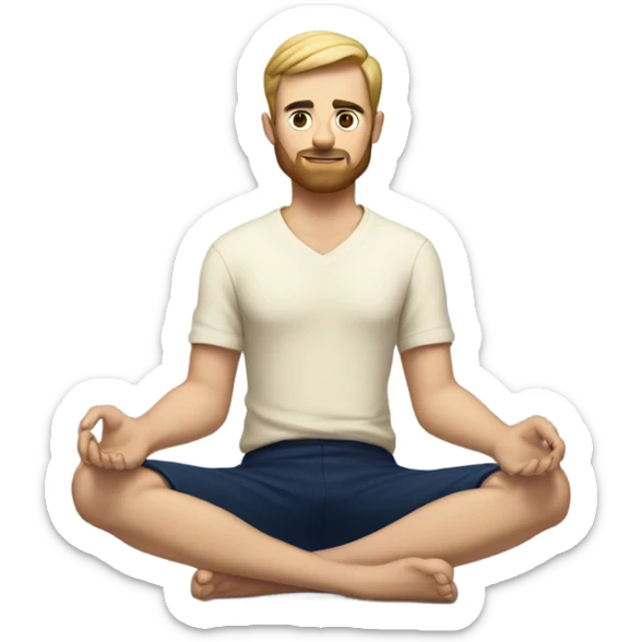 european man meditating sitting down with cream shirt and navy blue pants.  sticker