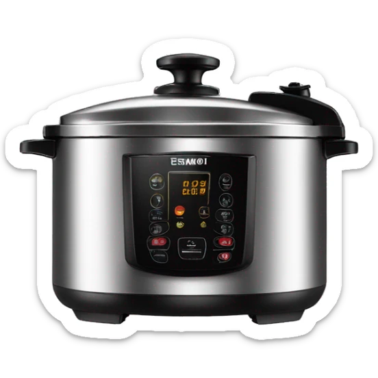 Stainless steel pressure cooker, with black gights, 3 black clamps on the cover,  under the knob sticker