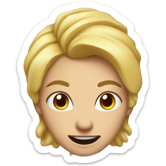 Woman: Blond Hair with with horns, a wide grin, and eyes and eyebrows scrunched downward in the same manner as angry face sticker