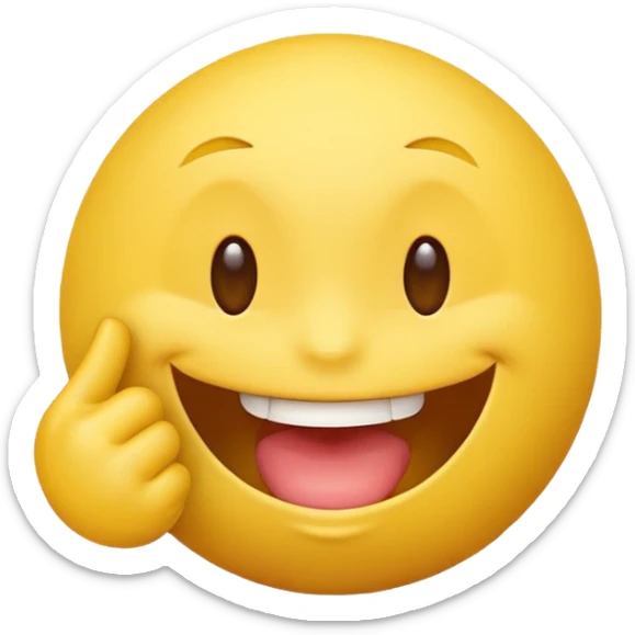 Quiero un personaje de una bolita de emoji amarilla con cara sonriente mordiéndose un dedo sticker