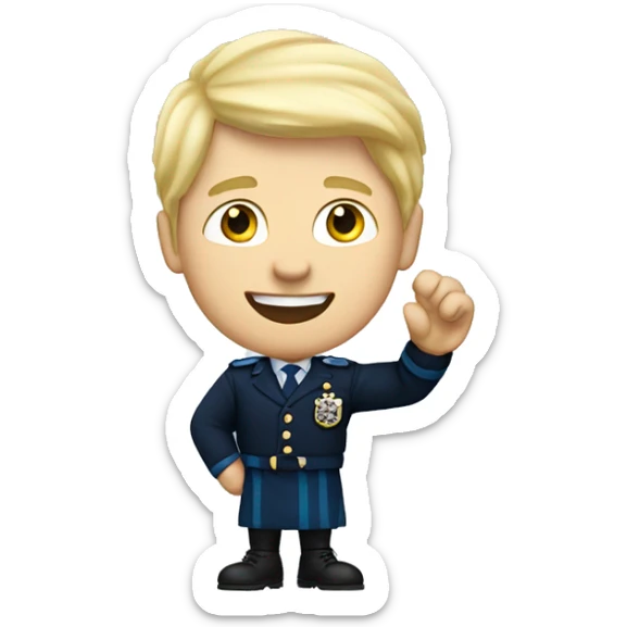 Male with blonde hair waving hand to say hello with a Scotland sticker