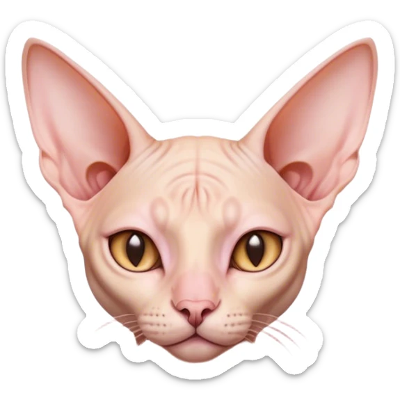 Cinematic Noble Sphynx Cat Portrait Emoji, Poised and regal, with smooth, hairless skin in warm peach and soft pink tones, striking large ears and intense almond-shaped eyes, Simplified yet sharp and sophisticated features, highly detailed, glowing with a soft, dignified glow, high shine, intelligent and graceful, stylized with an air of elegance, focused and attentive, soft glowing outline, capturing the essence of a watchful and refined feline, so majestic it feels as though it could glide across the screen with effortless confidence! sticker