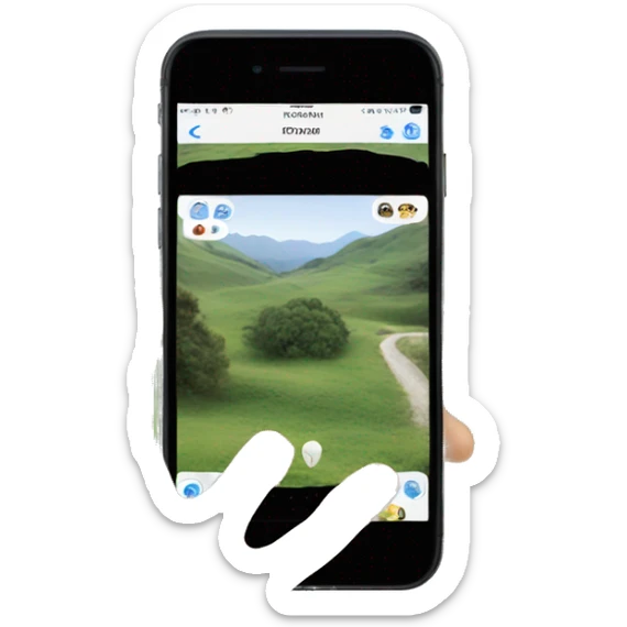 A hand holding a cell phone to take a photo of a landscape sticker
