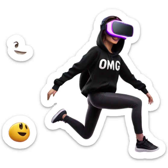 Russian girl wearing black hoody with violet letters "OMG", in vr headset oculus quest2. jumping. Cyberpunk style. Violet neon. sticker