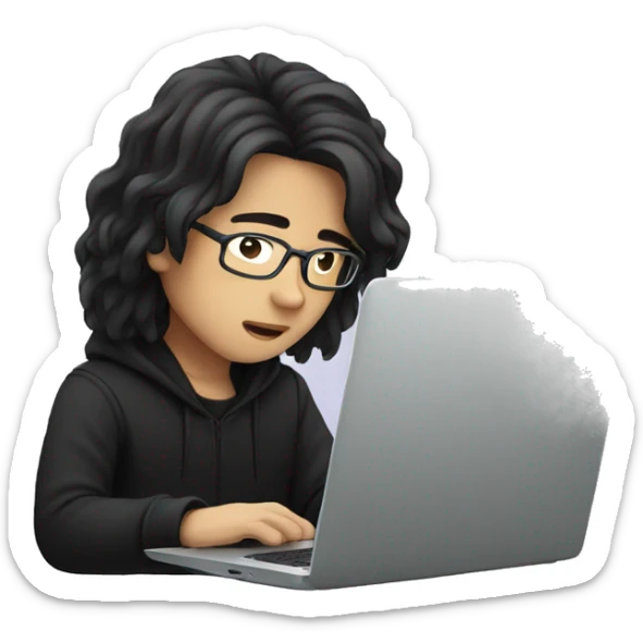 asian boy with glasses, long hair working, wearing black clothes , on his laptop  sticker