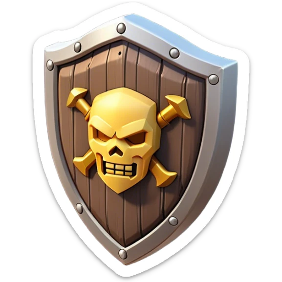 Clash of Clans aesthetic: Cinematic Playful 3D Isometric Shield Emoji, rendered in a 3D vector-style similar to standard emojis with minimal shading and bold, simplified shapes. A compact, distinct form with signature details, softly glowing with a fantasy RPG magic charm. Simplified yet unmistakably iconic, highly detailed and consistent, glowing with a soft radiance and high shine. Stylized with a touch of heroic grandeur and a soft glowing outline, capturing the essence of a beloved gaming relic with a friendly, playful manner! sticker