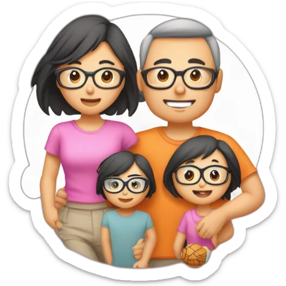 Famille 4 personne un fils aîné avec un t-shirt de basket une fille cadette au cheveux long avec des lunette un père asiatique une mère avec des formes sticker