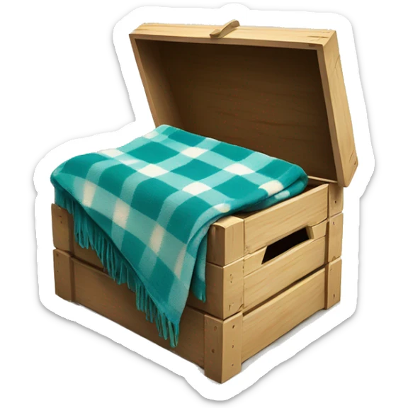 PRealistic isolated teal and cream color plaid blanket draped across wooden crate box with matching book on top of blanket. sticker