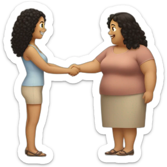 tan chubby woman with black curly hair shakes hands with a chubby pale woman who has straight light brown hair sticker