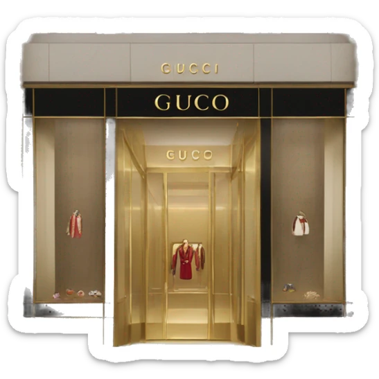 “Gucci store exterior with gold logo above entrance, large glass windows displaying luxury fashion, and elegant double doors.” sticker