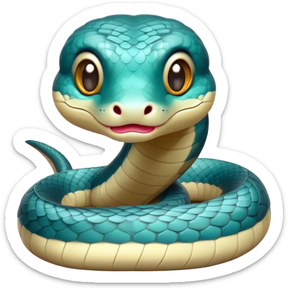 Cinematic Cute Chinese Water Snake Portrait Emoji, Head tilted playfully and inquisitively, with a compact, lithe form and a smooth, shimmering coat in subtle aquatic hues, round, sparkling eyes filled with curious fluidity, Simplified yet irresistibly adorable features, highly detailed, glowing with a warm, friendly glow, high shine, affectionate and agile, stylized with a touch of aquatic whimsy, soft glowing outline, capturing the essence of a mischievous yet loving water snake that feels like it could slither out of the screen into your arms! sticker