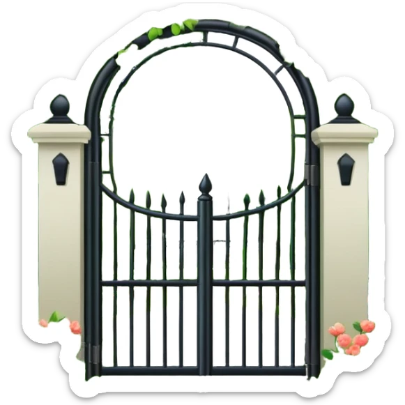 garden entrance with black iron fence, green trees and flowering plants sticker