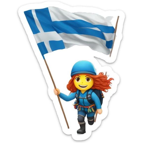 Female winter mountaineer red hair white skin climbing with Greek Flag and Easter eggs basket sticker