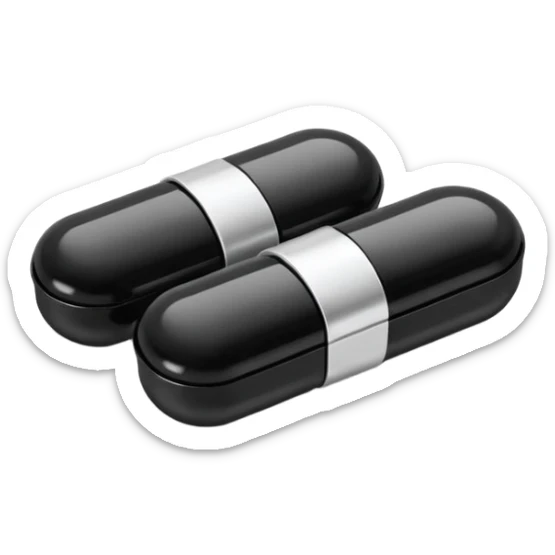 Minimalistic futuristic black medicine pills pack emoji, metallic black and white, reflective sleek surfaces, flat vector design, high-tech clean UI icon sticker