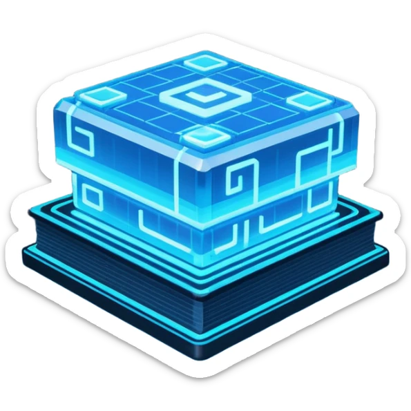 Pixel art emoji icon of a futuristic holographic book (help), neon blue sci-fi voxel style, cute tech aesthetic, centered, simple, high contrast, 3D shading, soft glow, transparent background, 100x100 px, game UI icon sticker