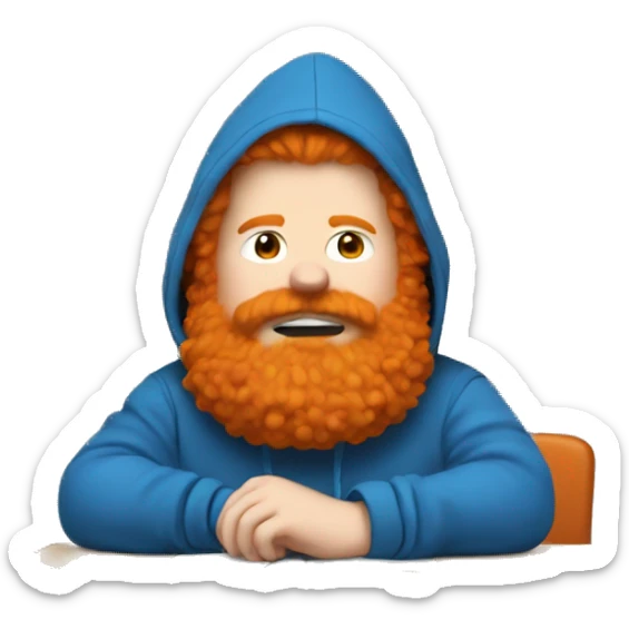 Fat ginger in a blue hoodie with a big orange bushy beard slammin a desk sticker