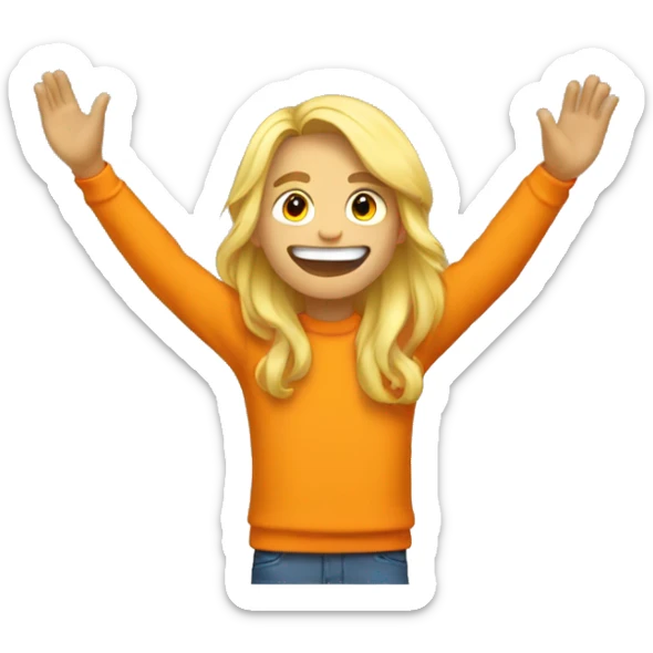 a teenager who only sees his torso and who has long blond hair and a yellow sweater and an orange backpack who has a big smile and who raises his arms in the air while looking up sticker