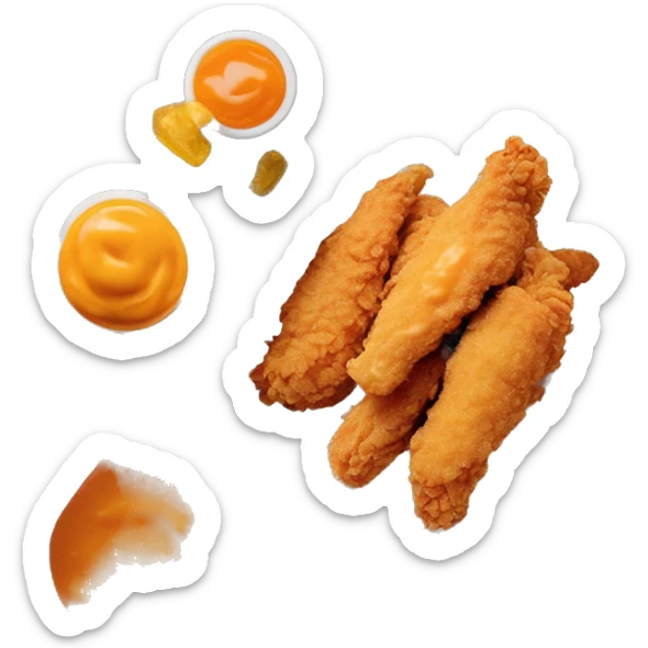 3 chicken tenders with crinkle fries and orange sauce on the side in a styrofoam container styrofoam container sticker