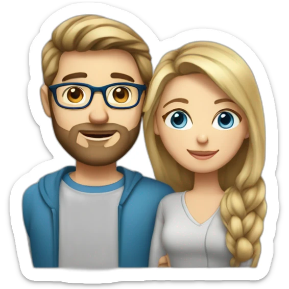 Couple in love. She has brown shoulder-length hair, blue eyes, wears glasses. He has short blond hair, three-day beard, wears glasses sticker
