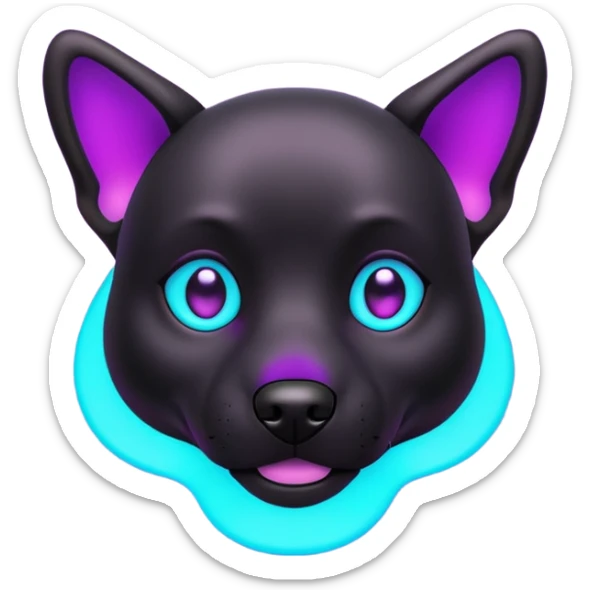 futuristic glowing black dog emoji, neon cyan eyes, purple #8B5CF6 highlights, tech minimal style, dark background sticker
