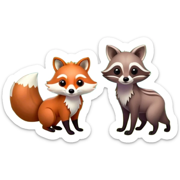 raccoon and a fox among a colorful forest with vibrant green trees, bushes and flowers. The animals are in the foreground, surrounded by a lush, bright forest, with soft sunlight filtering through the leaves. A playful photo-realistic and wild scene with a transparent background. sticker